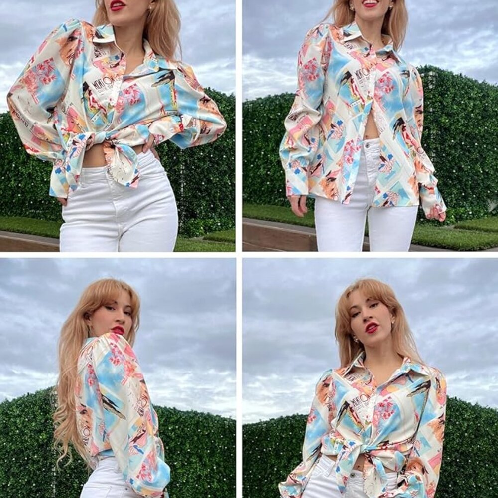 Button Down Printed Lantern Long Sleeve Blouse - image 5